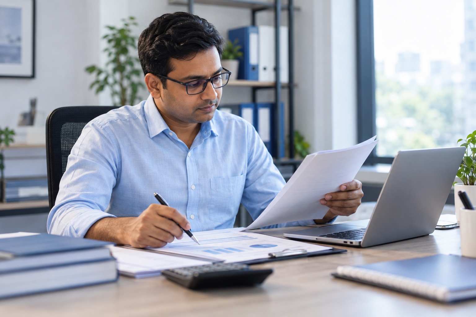AI-generated illustration of an accountant reviewing business reports at a desk