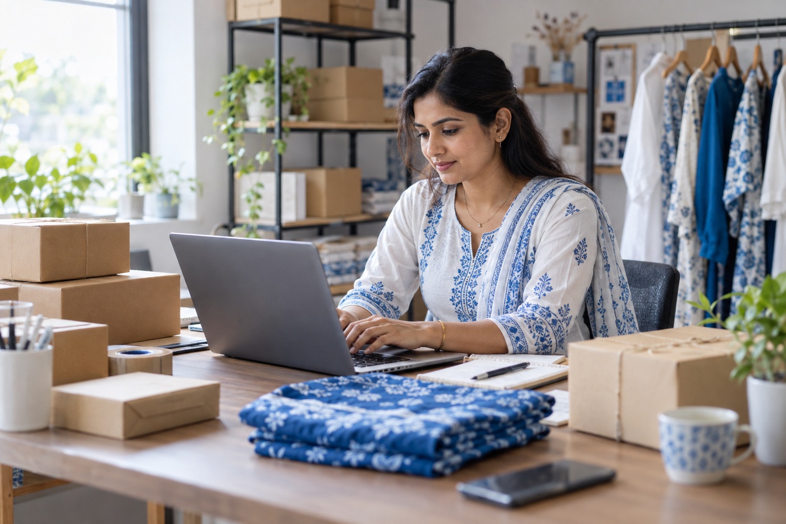 Illustrative online clothing business with packed orders and a seller working on a laptop