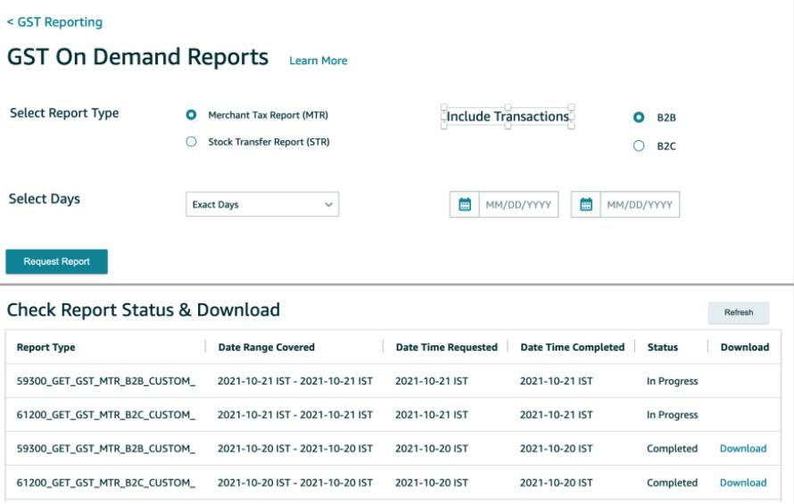 Amazon GST On Demand Reports page