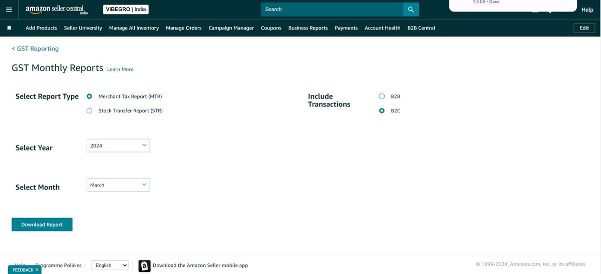 Amazon Seller Central GST Monthly Reports page