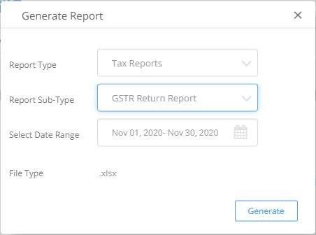 Flipkart Generate Report popup showing GSTR Return Report selection