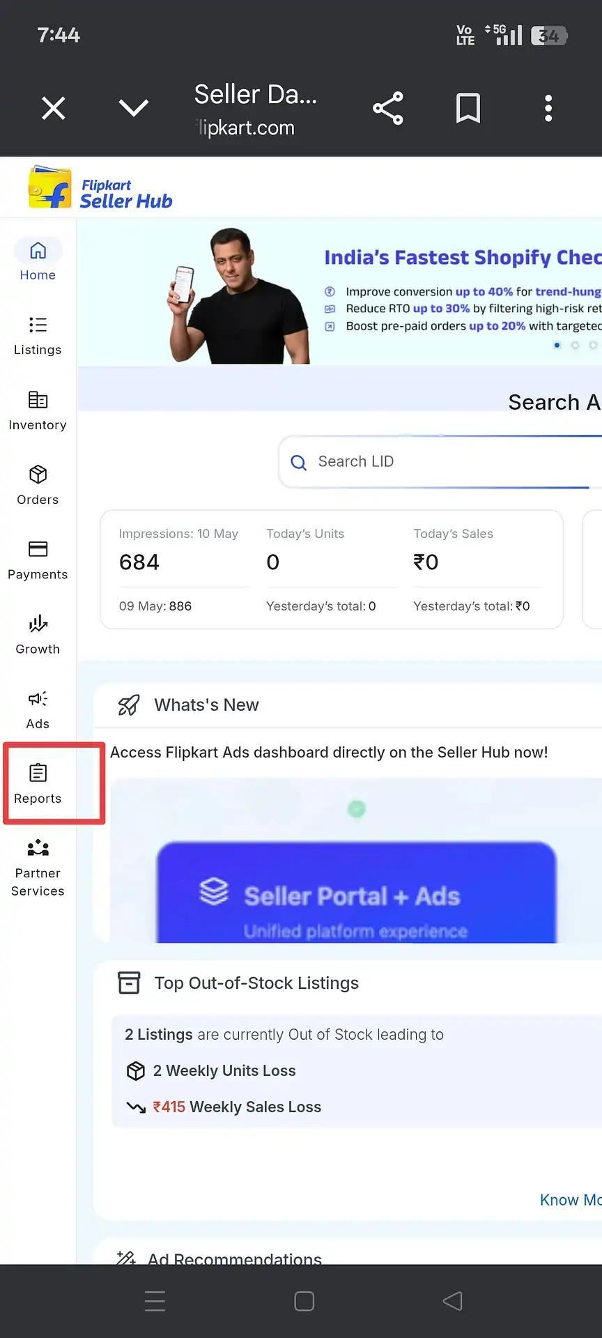 Flipkart Seller Hub Reports menu