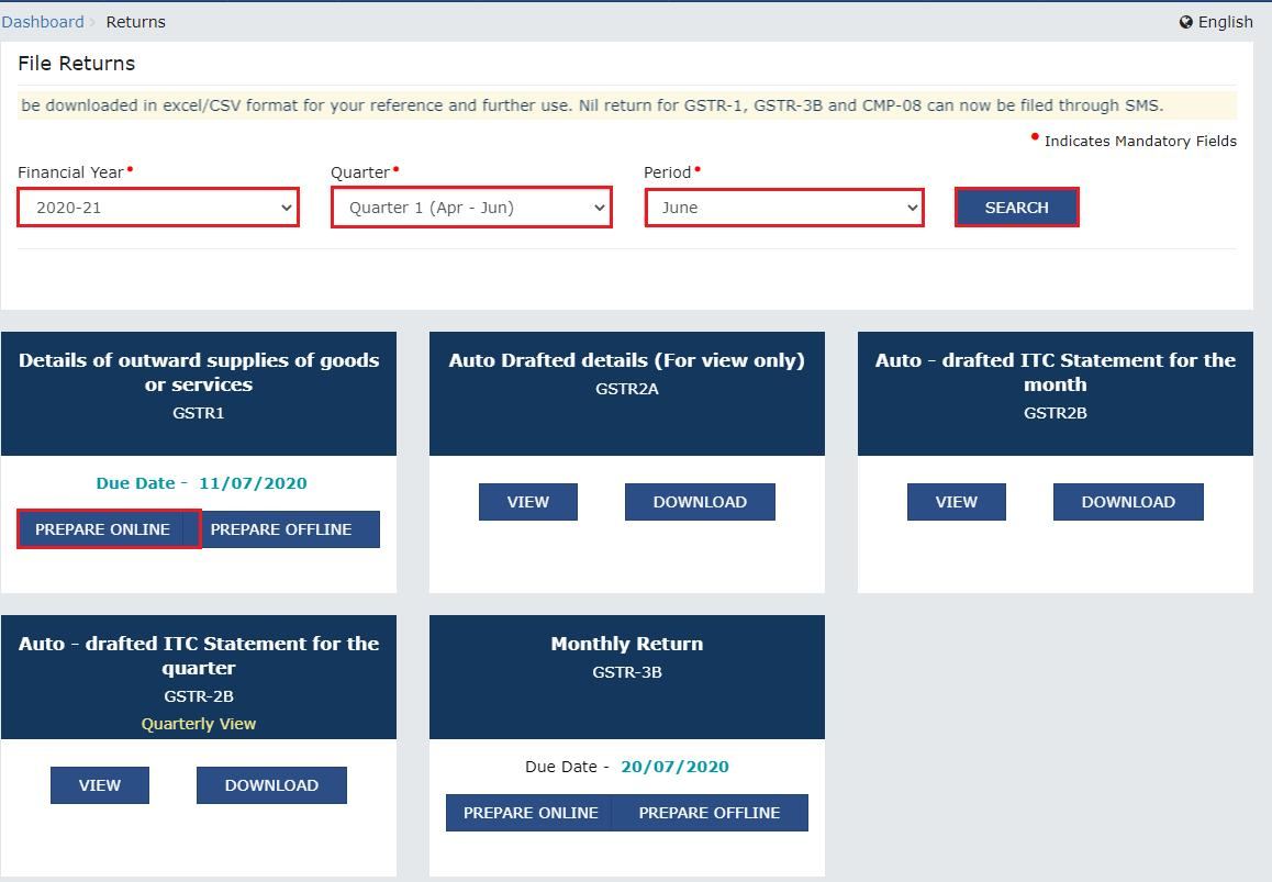 GST Portal Returns Dashboard period selection