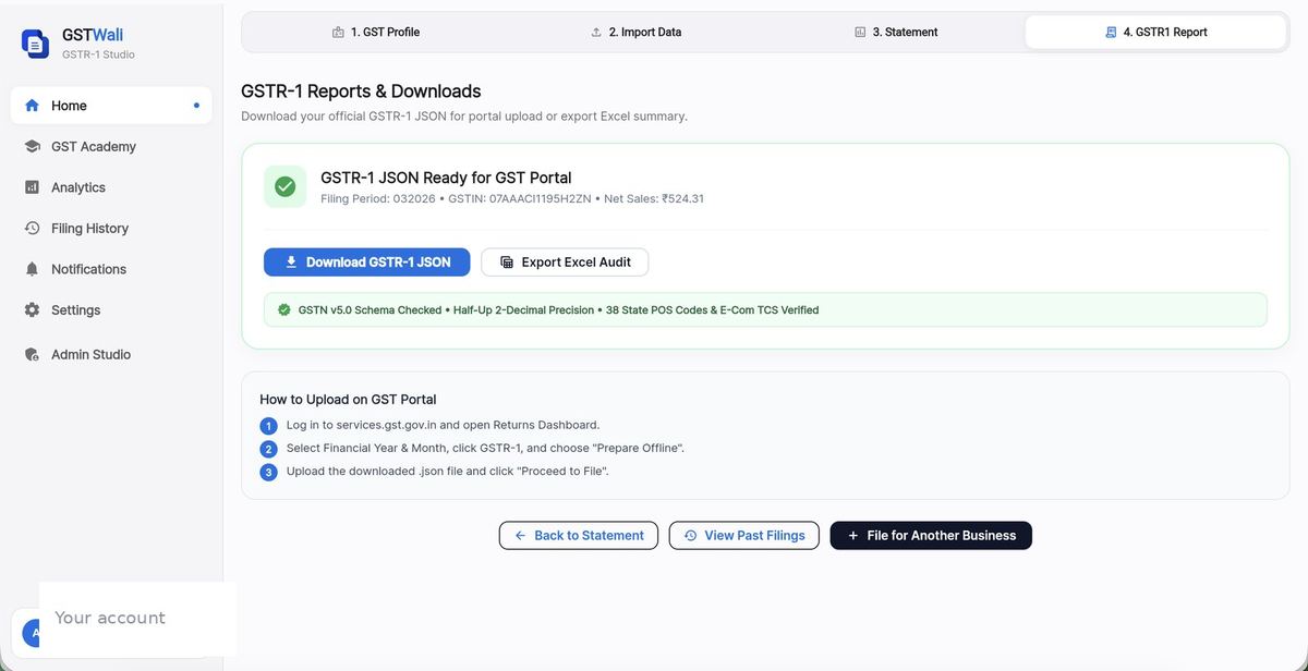 GSTWali Download GSTR-1 JSON screen
