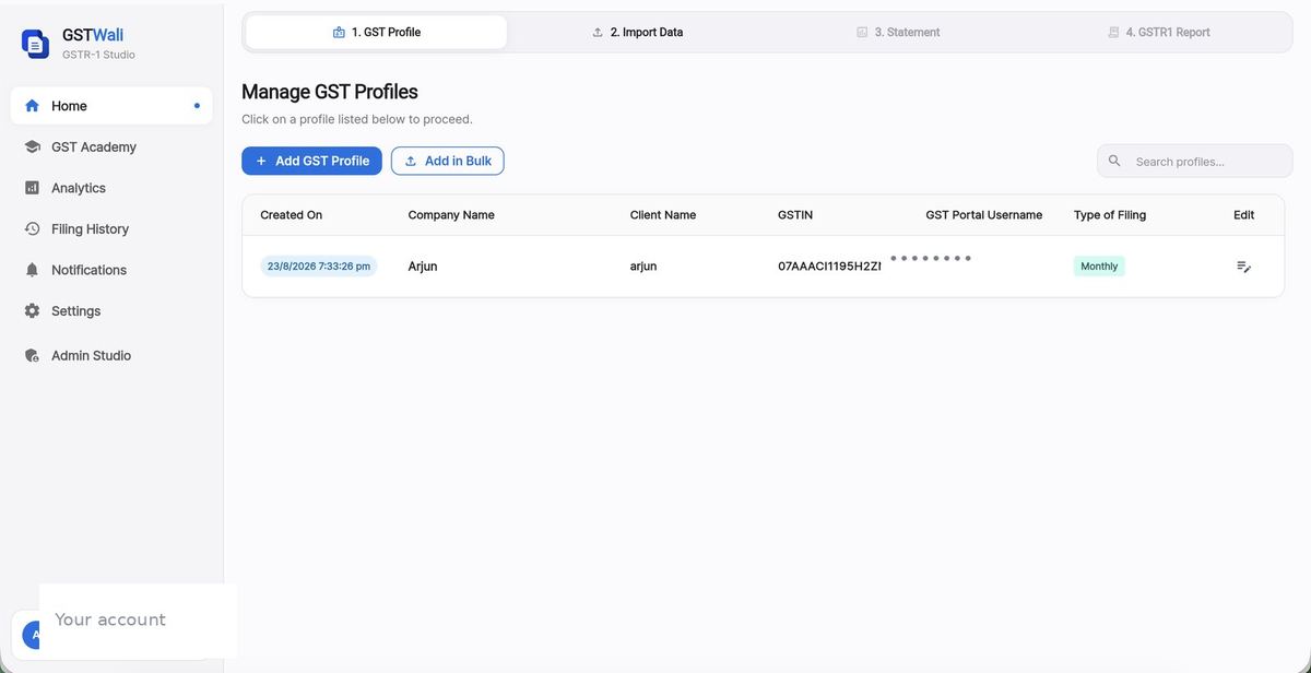 GSTWali Manage GST Profiles screen