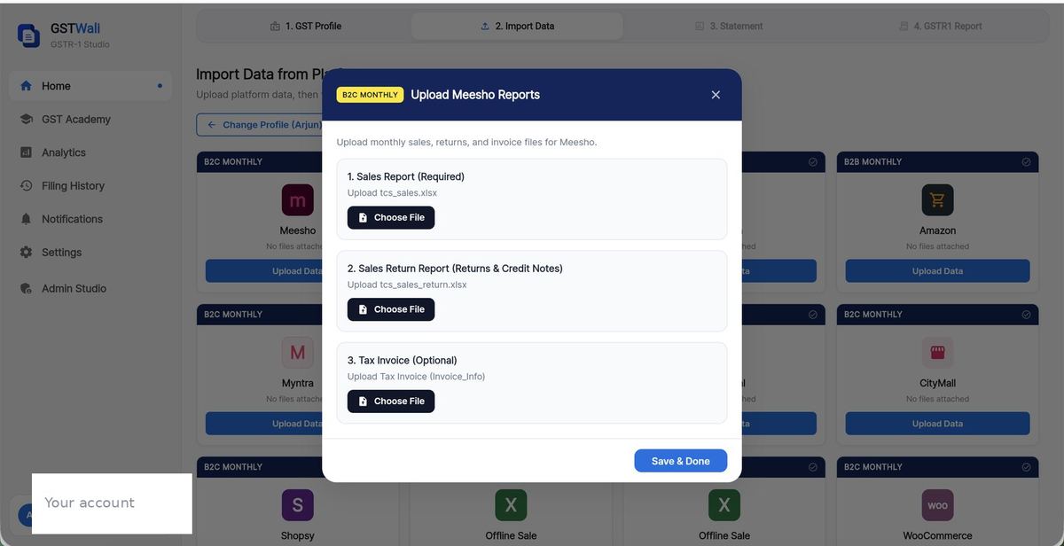 GSTWali Upload Meesho Reports dialog