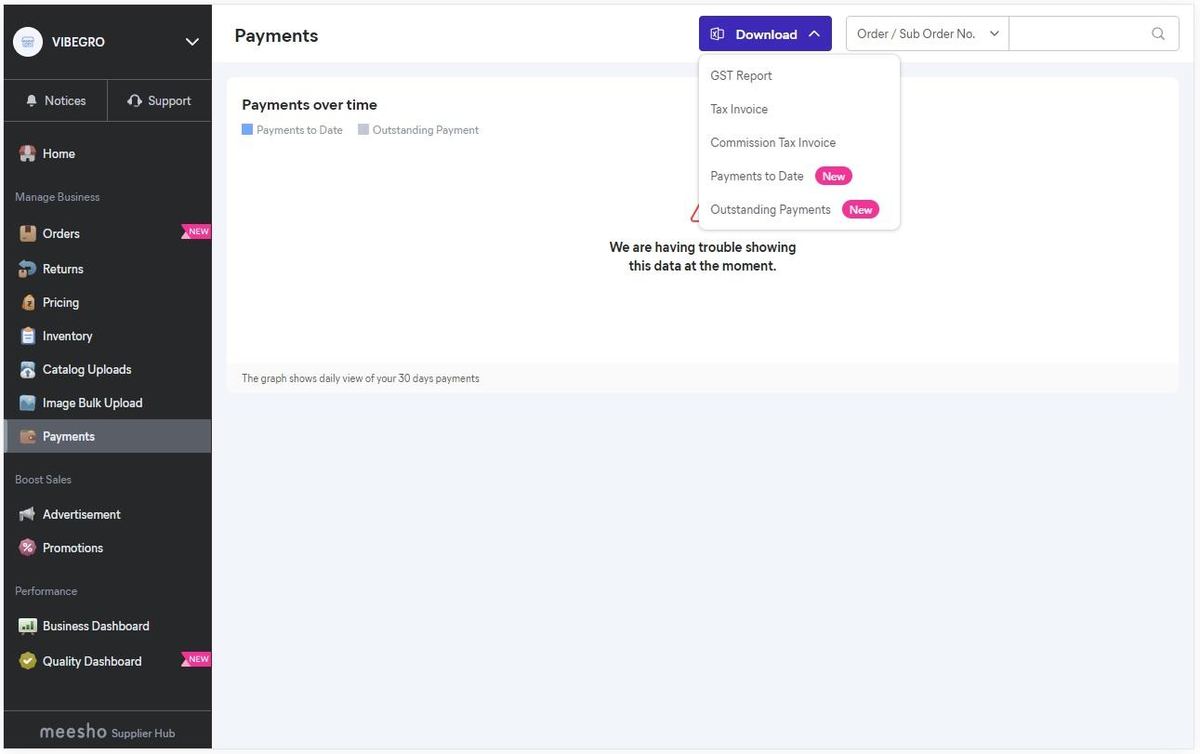 Meesho Download dropdown with GST Report highlighted
