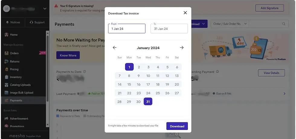 Meesho Download Tax Invoice window with date range calendar