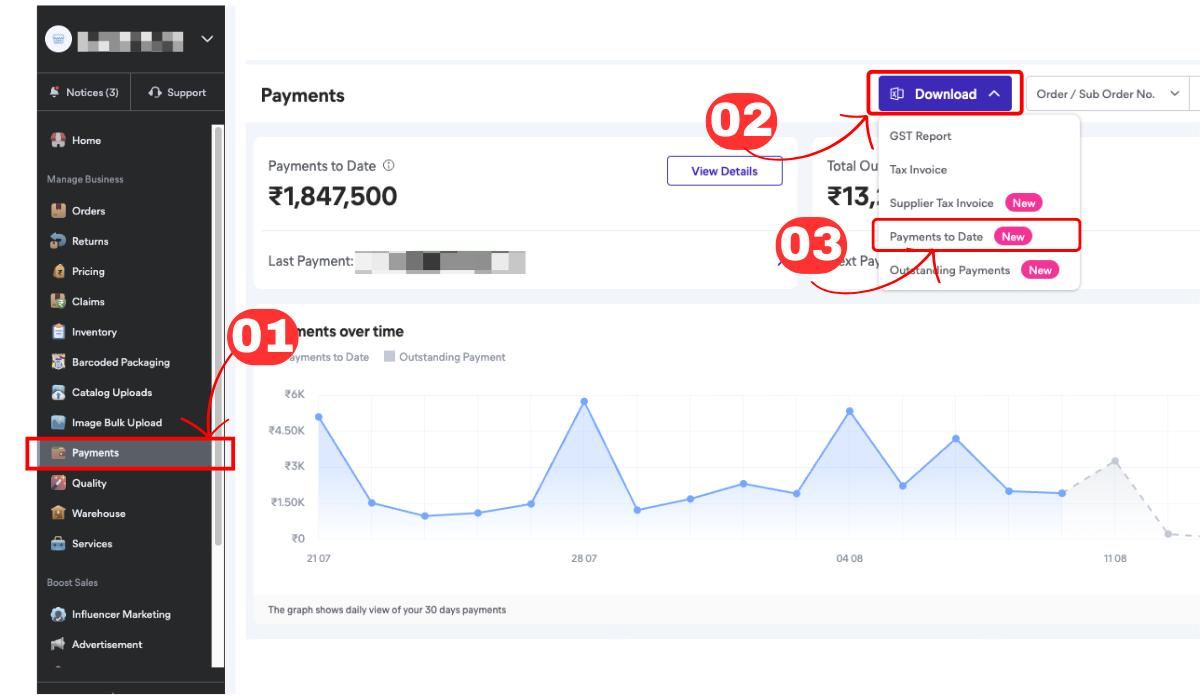 Meesho Supplier Panel Payments page with Download menu open